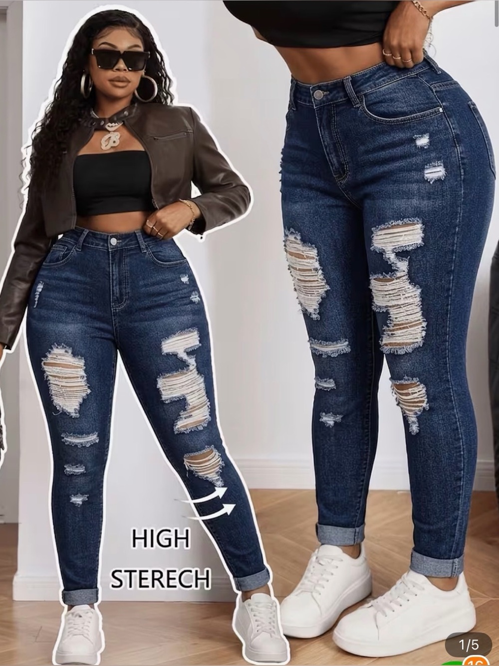 Denim Distressed Skinny Jeans - Medium Blue